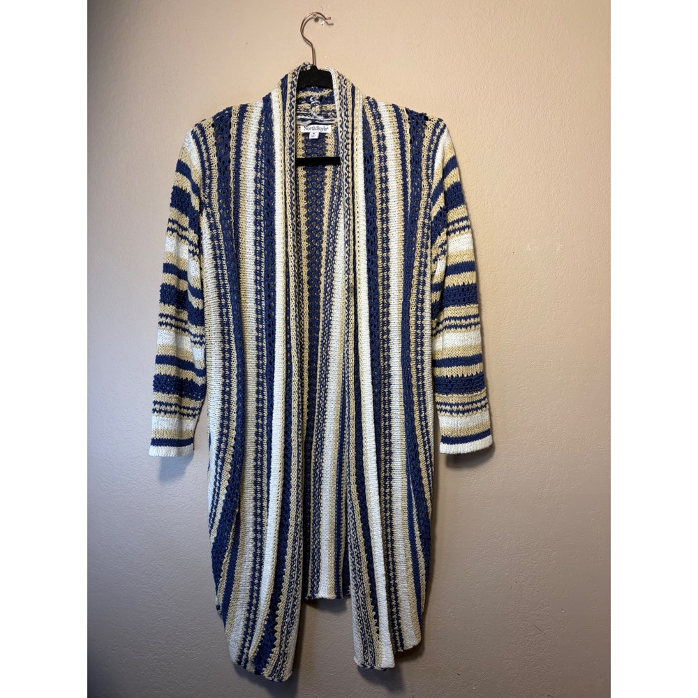 NorthStyle Blue Cream Striped Open Front Longline Crochet Knit Cardigan Womens M
